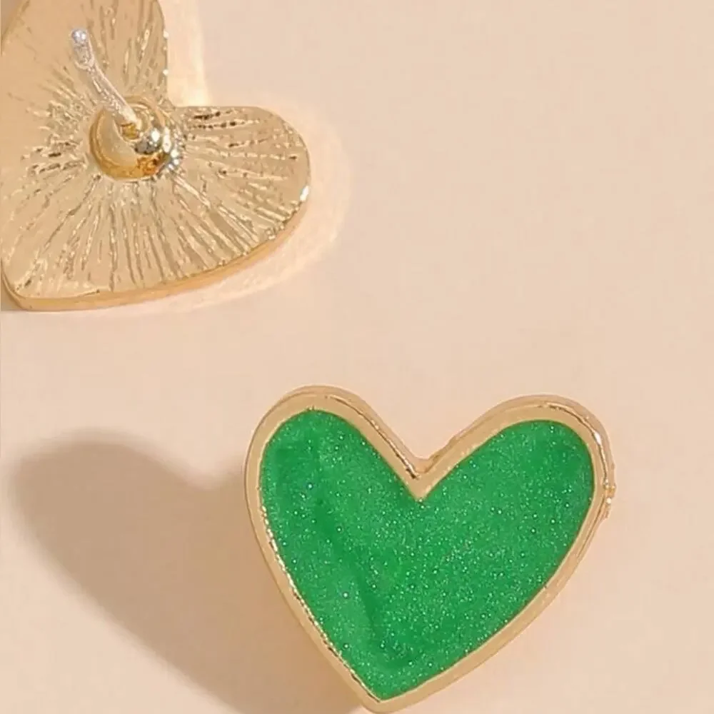 Green Gold Heart Stud Earrings Womens Costume Jewelry Cute Y2K Aesthetic Gift